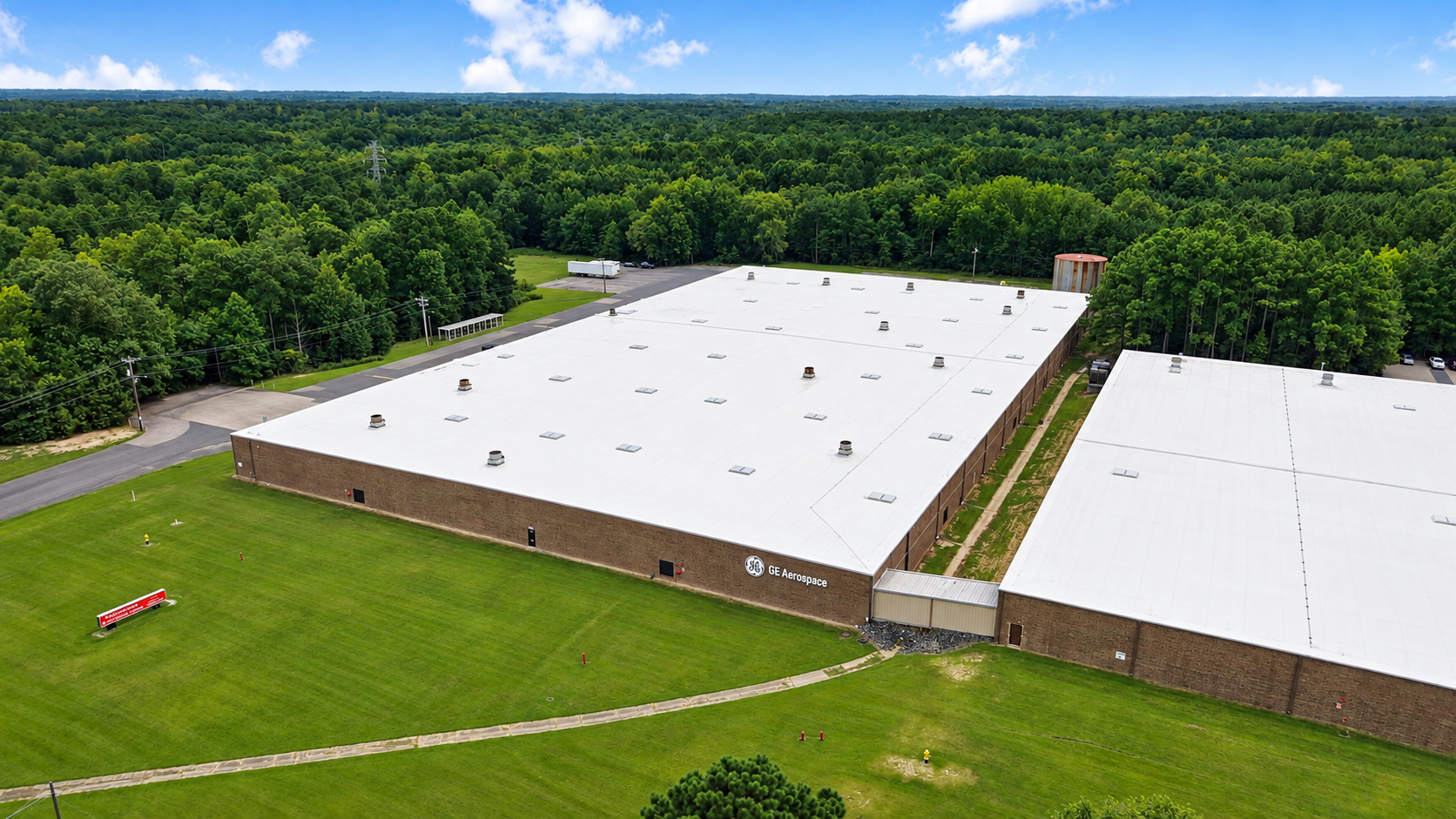 Aerial view of the GE Aerospace building at Creedmoor Business Park