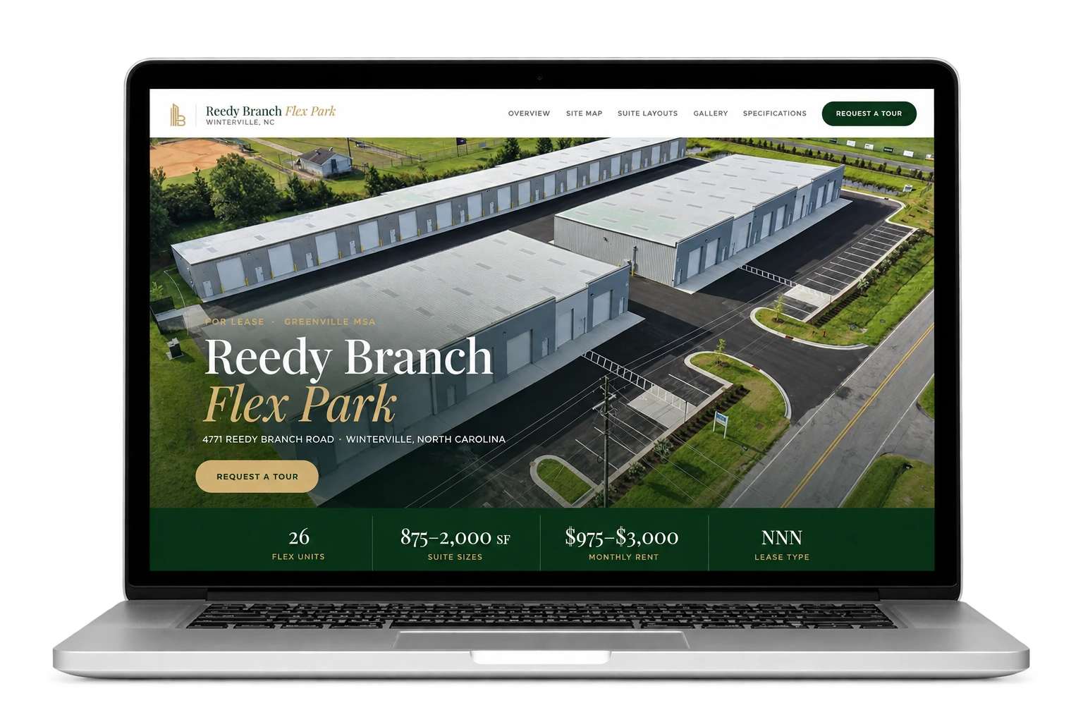 The Reedy Branch Flex Park property website shown on a laptop: aerial hero photo, unit count, suite sizes, monthly rent, and a Request a Tour button