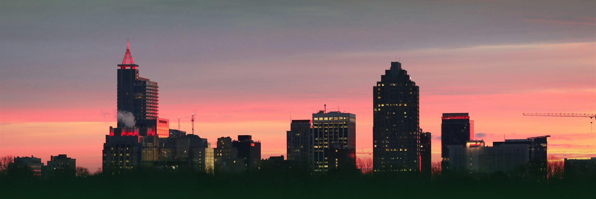 The downtown Raleigh skyline at sunset