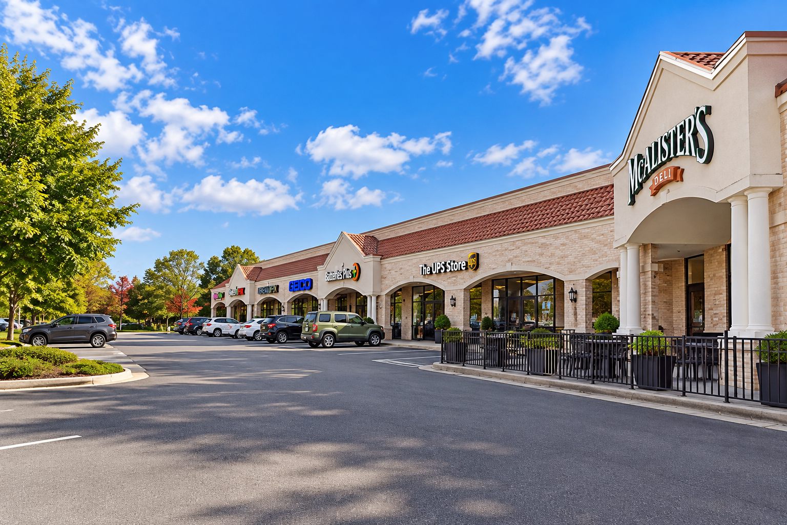 The tenant row at Pirate's Pointe, including The UPS Store, Batteries Plus, GEICO and uBreakiFix