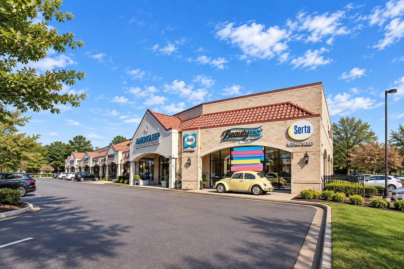 The mattress and home-goods end of Pirate's Pointe Shopping Center