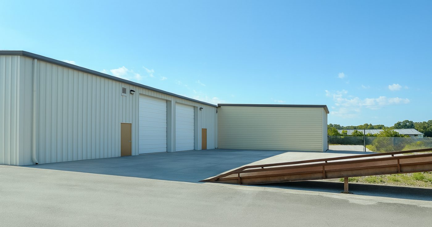 Portable steel loading ramp on the paved apron at 101 Austin Bradley Lane, alongside the building's drive-in doors