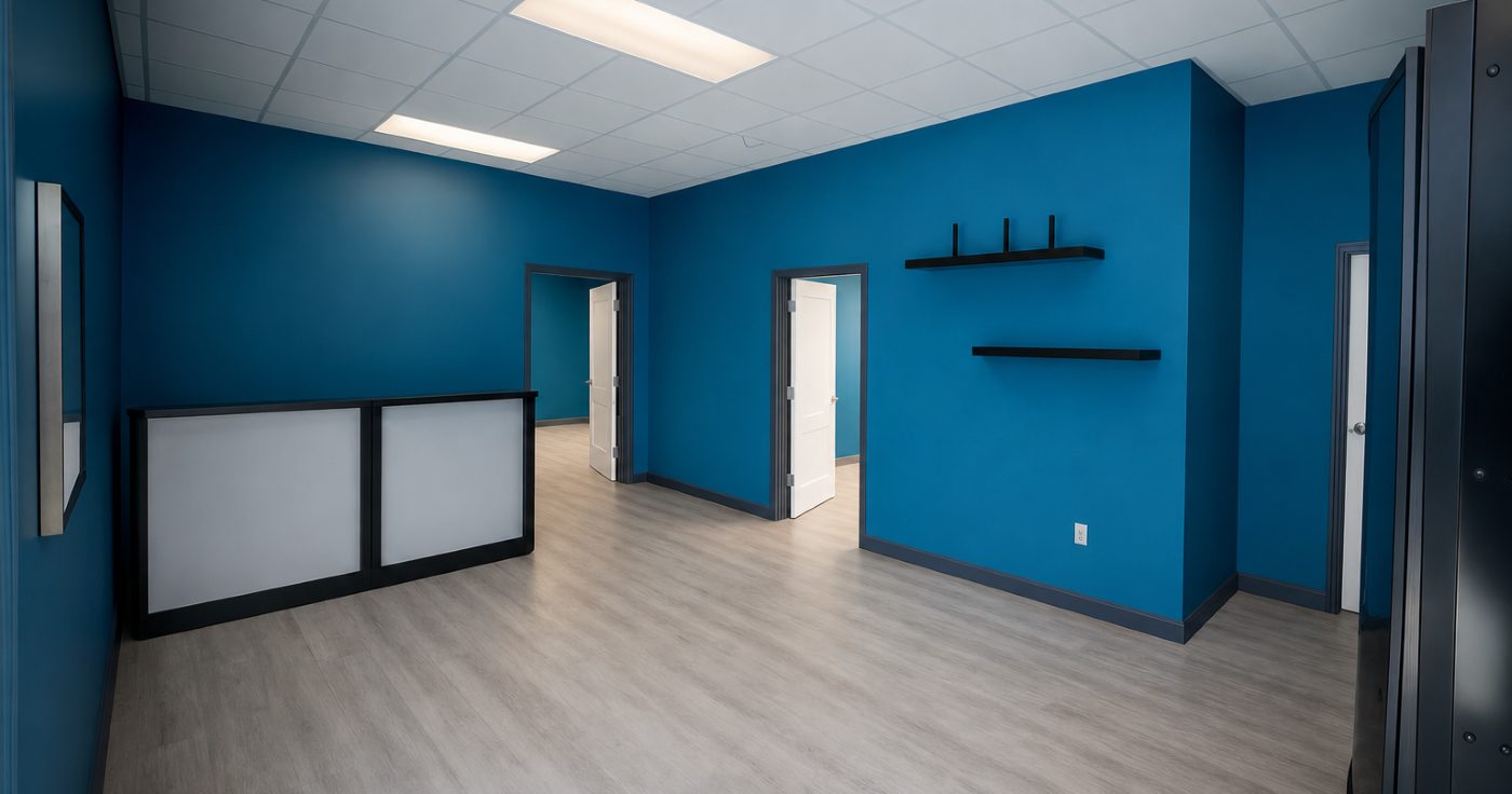 Finished office at 101 Austin Bradley Lane with a reception desk, doorways to two private offices, and wood-look flooring