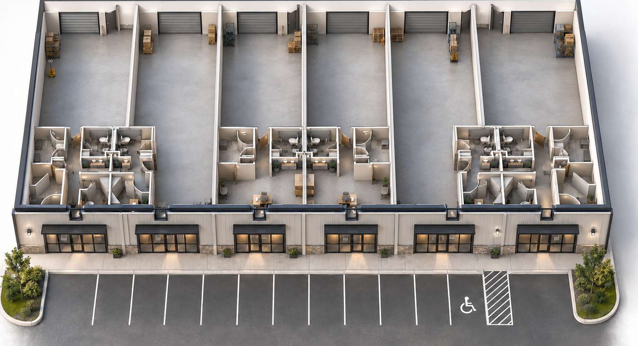 Concept cutaway rendering of 105 Enterprise Court with the roof removed, showing the building divided into 1,500 SF bay suites, each with office and restrooms behind a storefront and open warehouse running back to its own roll-up door