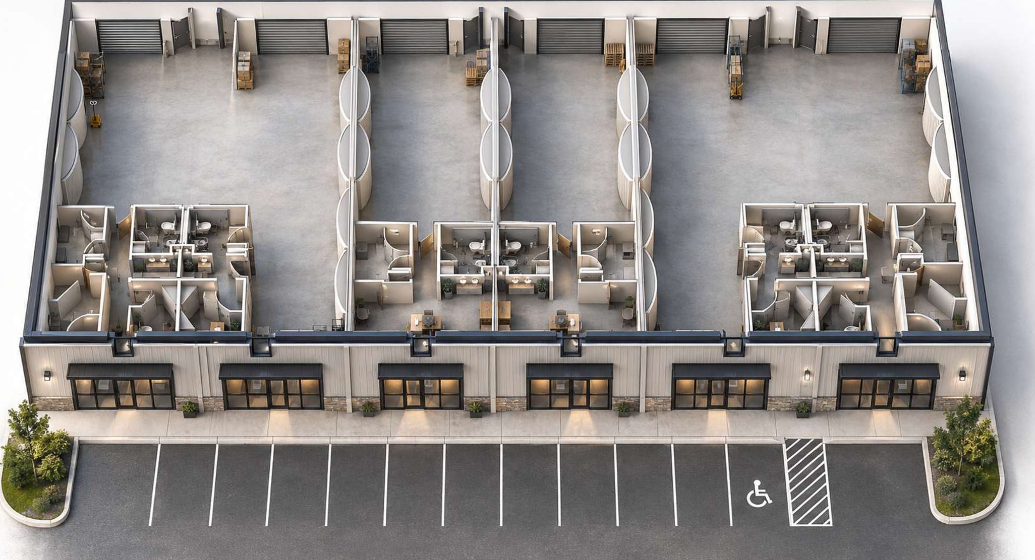 Concept cutaway rendering of 105 Enterprise Court with the roof removed, showing the end bays combined into 3,000 SF suites with two roll-up doors each, and 1,500 SF suites between them