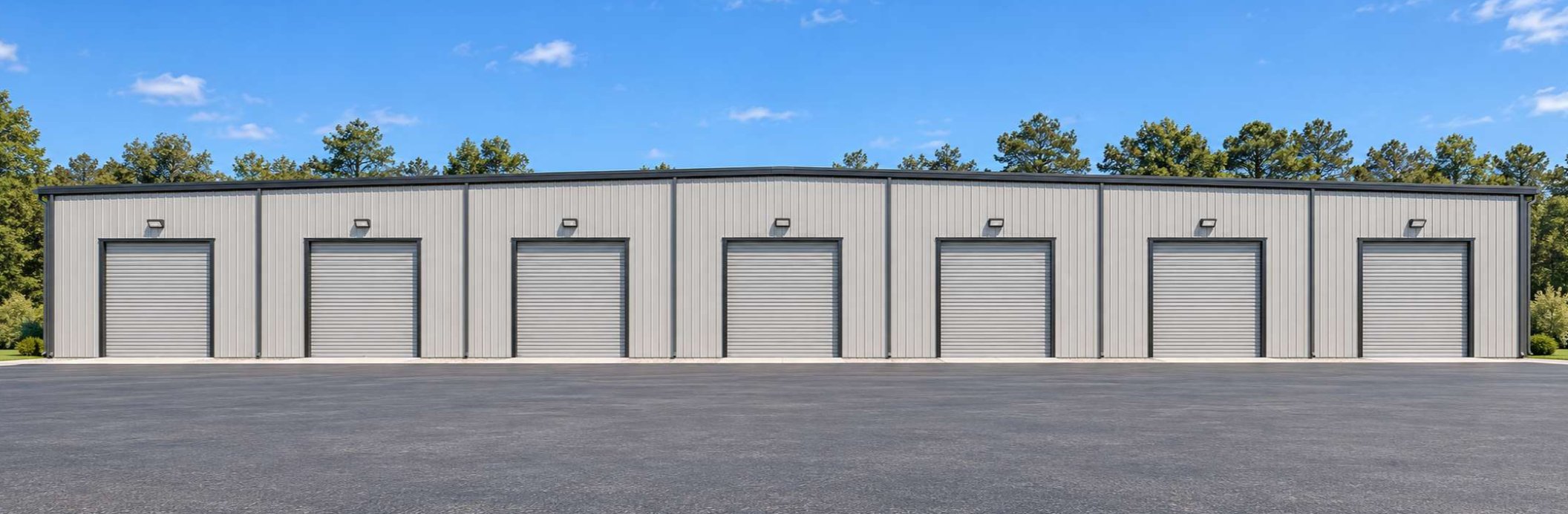 Rendering of the rear elevation at 105 Enterprise Court: a roll-up door and wall light for each unit along the light-gray metal wall, facing a wide paved loading court