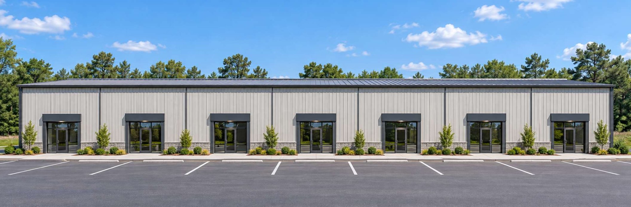 Rendering of the storefront elevation at 105 Enterprise Court: glass entries under dark awnings, a stone wainscot, landscaping between the units, and a striped parking lot along the front
