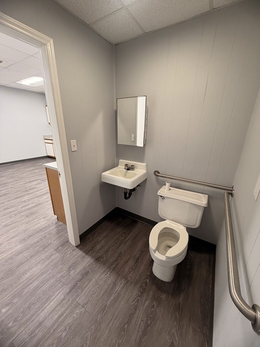 Restroom at 1310 Starr Drive with a wall-hung sink, mirrored cabinet, grab bar, and grey vinyl plank flooring, opening onto the break room