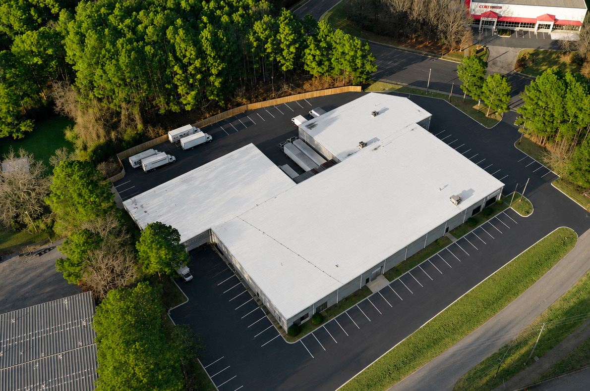 Overhead aerial of 1904 New Hope Church Road showing the building's stepped footprint, trailers backed into the central dock area between the two wings, box trucks parked along the rear, and striped parking wrapping the front and side