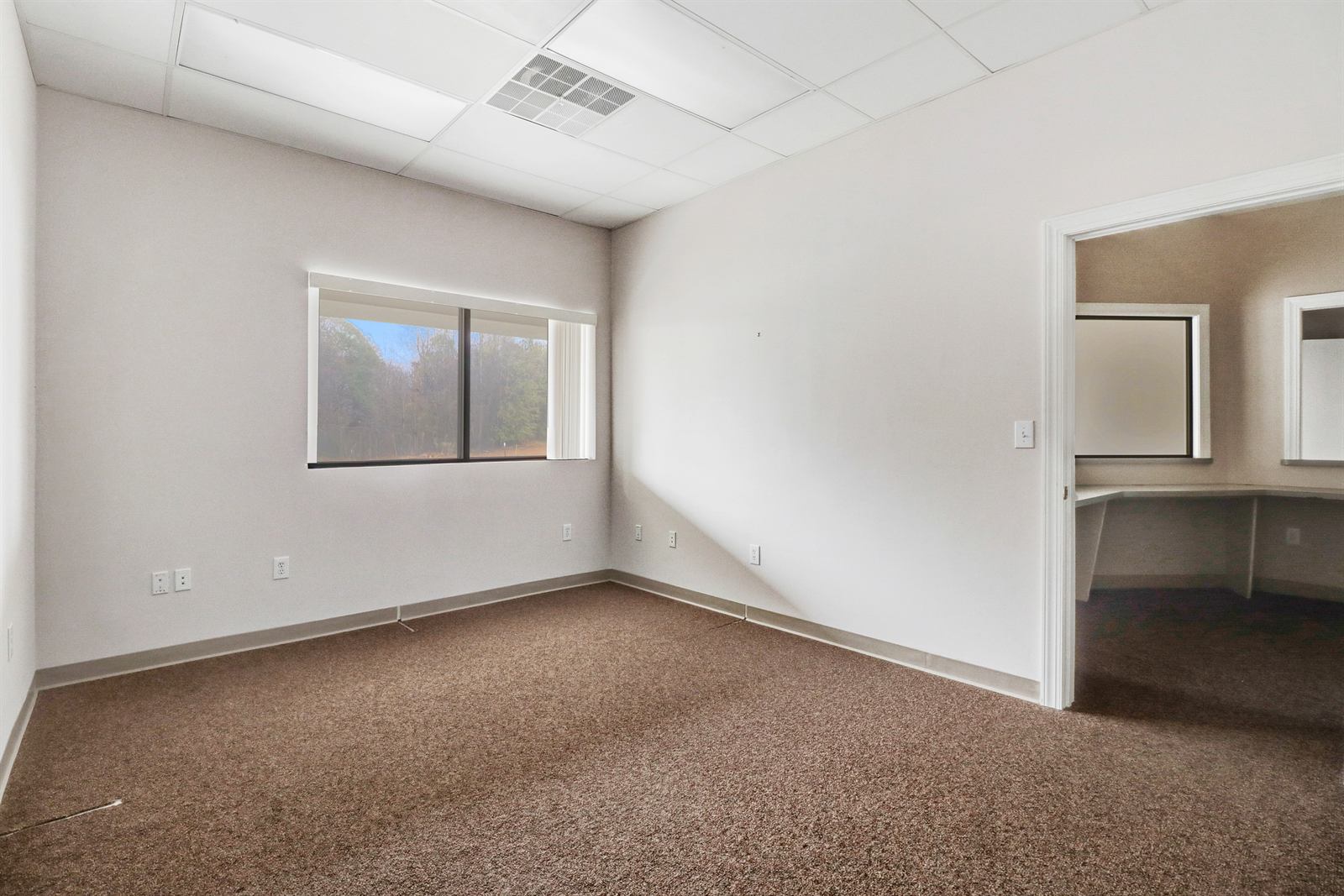 Private office in the available suite at 1990 Allen Road with a window onto the tree line, carpet, drop ceiling, and an opening through to the reception counter