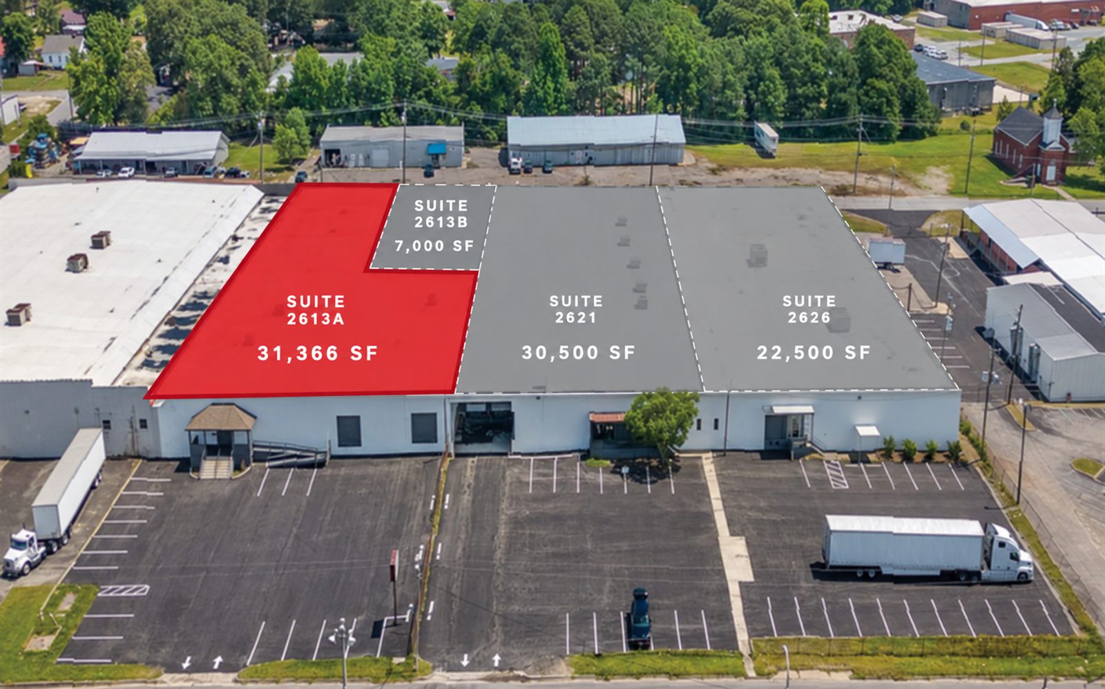 Aerial of 2613 Lee Avenue with the building's four suites outlined and labeled. Suite 2613A, 31,366 SF, is shaded red as the available space; the three leased suites, 7,000 SF, 30,500 SF, and 22,500 SF, are shaded gray.