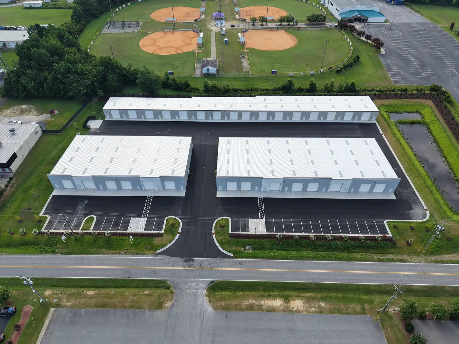 Overhead view of Reedy Branch Flex Park with the three buildings labeled: Building B front left, Building A front right, and Building C along the rear of the site