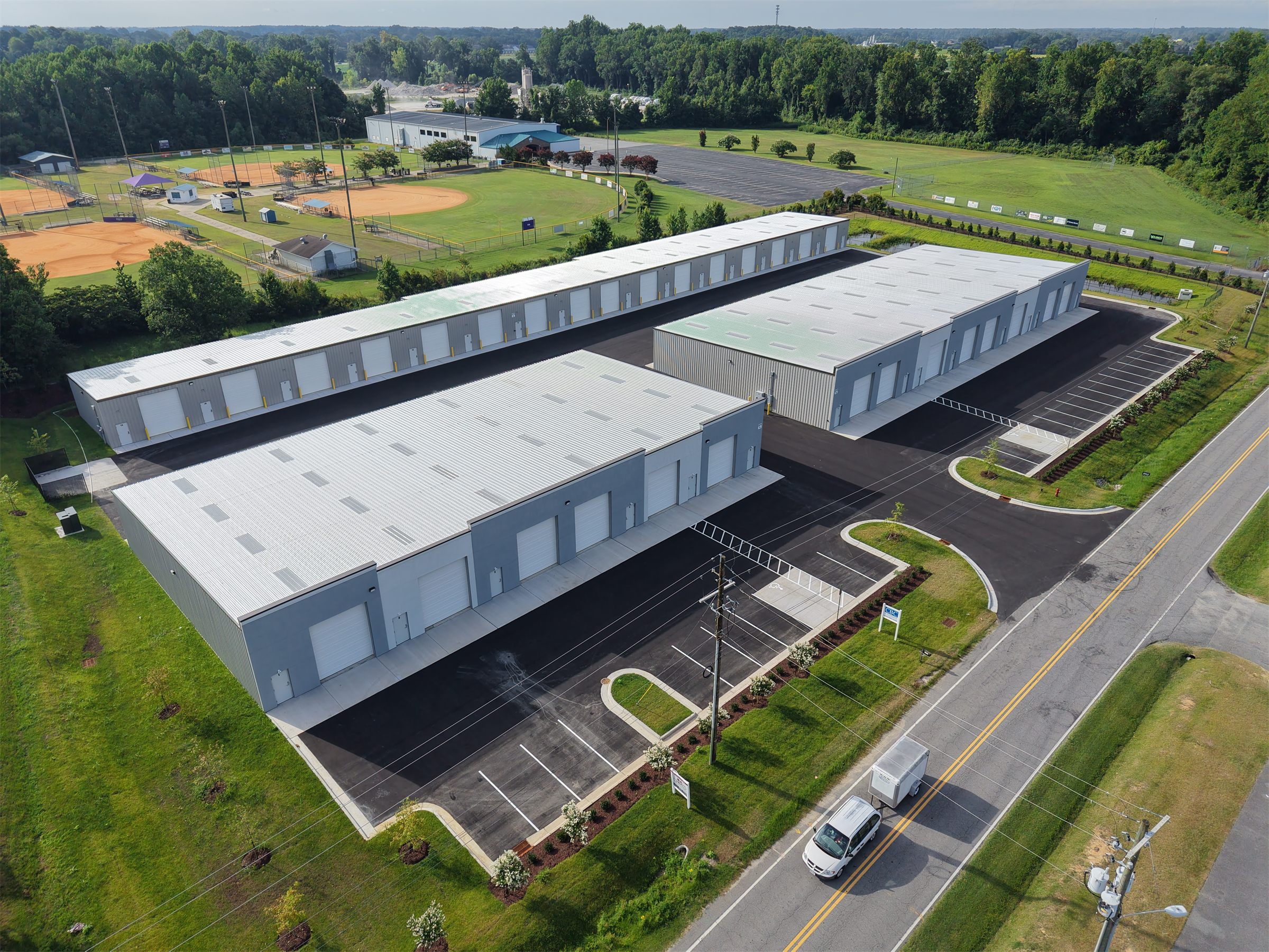 Aerial view of Reedy Branch Flex Park, a newly constructed three-building flex park at 4771 Reedy Branch Road, Winterville, North Carolina