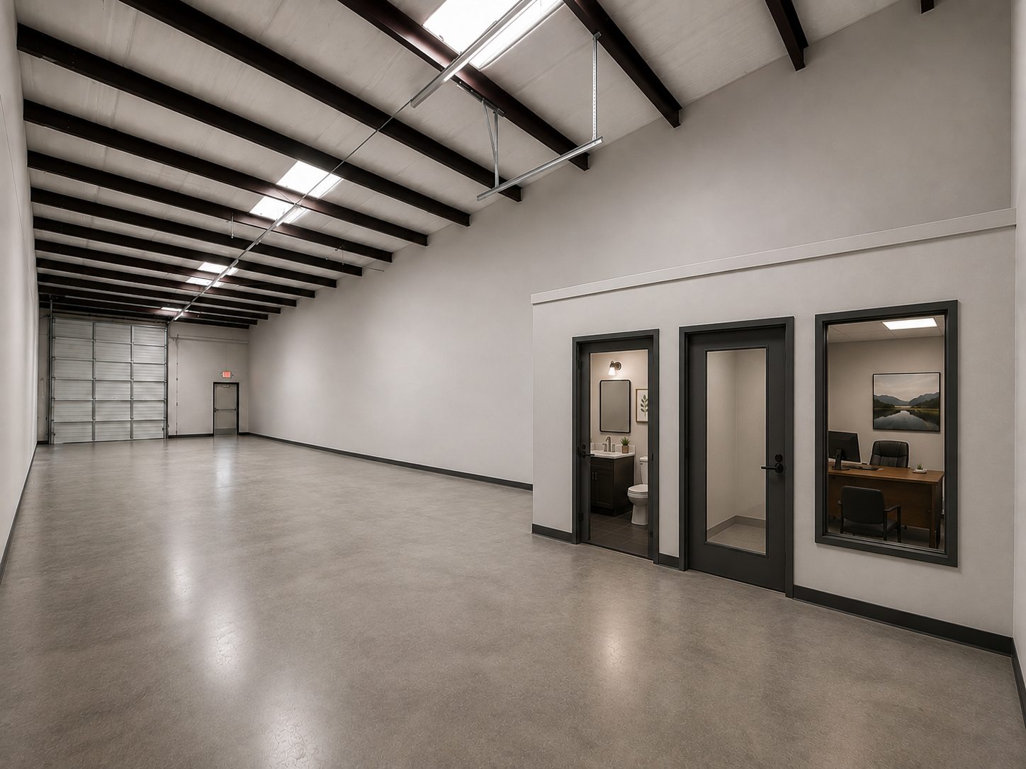Interior rendering of a Building A suite with one private office, a restroom, and a drive-in overhead door