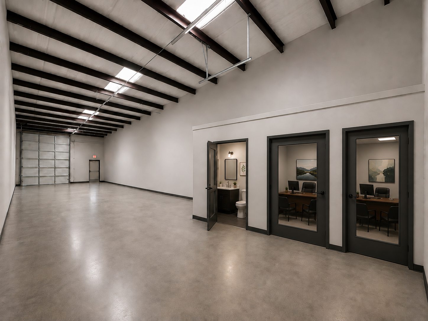 Interior rendering of a Building B suite with two private offices, a restroom, and a drive-in overhead door