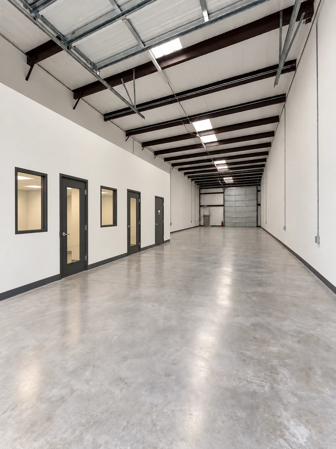 Interior rendering of a Building B suite: a long clear-span warehouse with polished concrete floors, exposed steel beams, two private offices with glass doors and interior windows, a restroom, and a drive-in overhead door at the far end