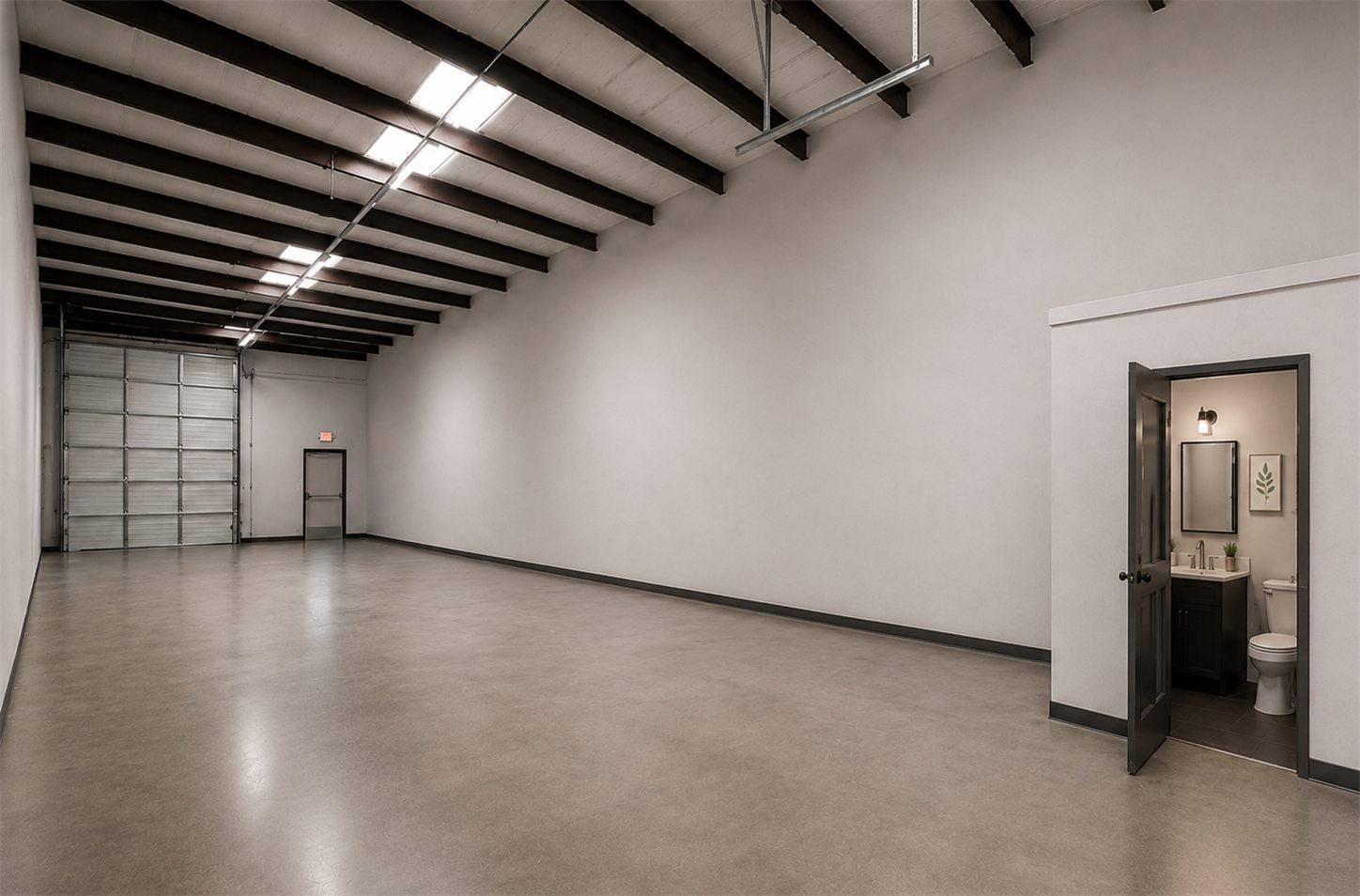 Interior rendering of a Building C suite with an open clear-span warehouse, polished concrete floor, drive-in overhead door, and a private restroom