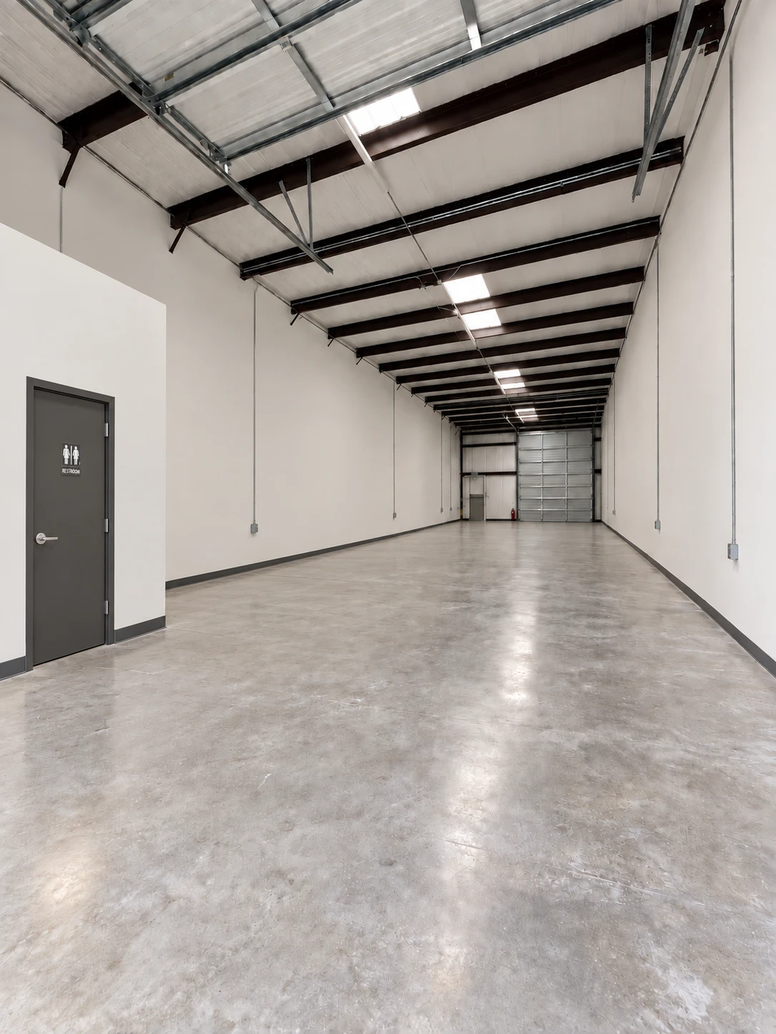 Interior rendering of a Building C suite: an open clear-span warehouse with polished concrete floors, exposed steel beams, a restroom near the front, and a drive-in overhead door at the far end