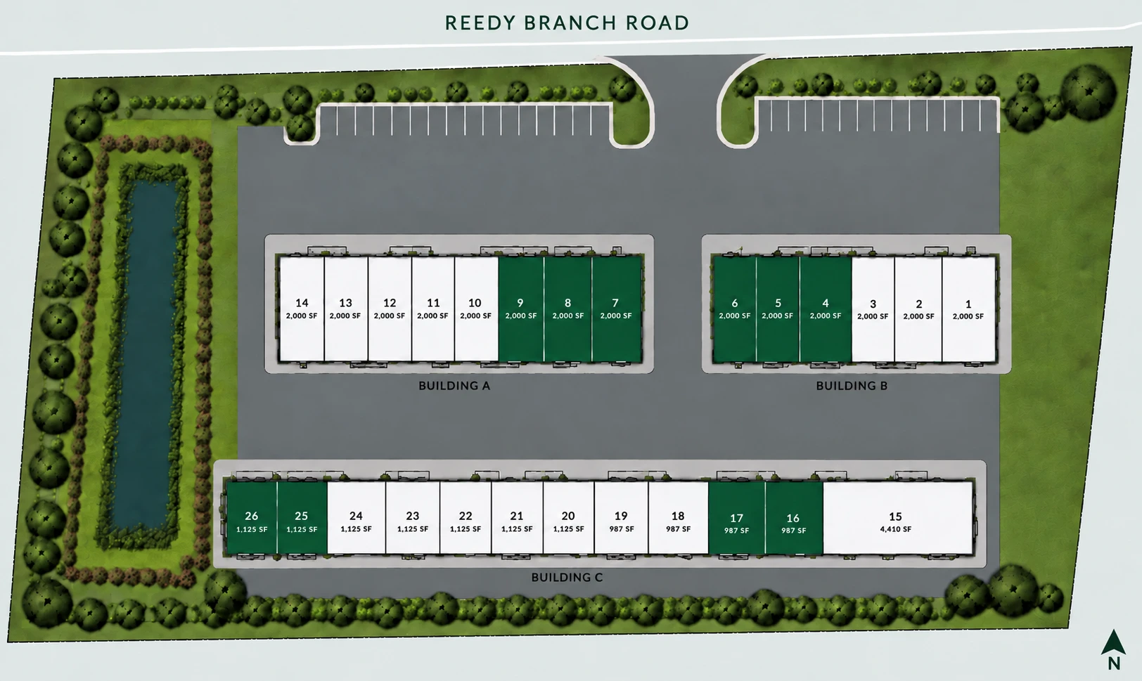 Site map of Reedy Branch Flex Park with Reedy Branch Road along the north edge and two entrances into the front parking field. Building A holds suites 7 through 14 and Building B holds suites 1 through 6, all 2,000 SF each, side by side behind the parking. Building C runs along the rear with suites 16 through 26, from 987 to 1,125 SF, and suite 15 at 4,410 SF on the east end. A stormwater pond sits along the west side of the site. Spec units, shaded green, are suites 4 through 9, 16, 17, 25, and 26