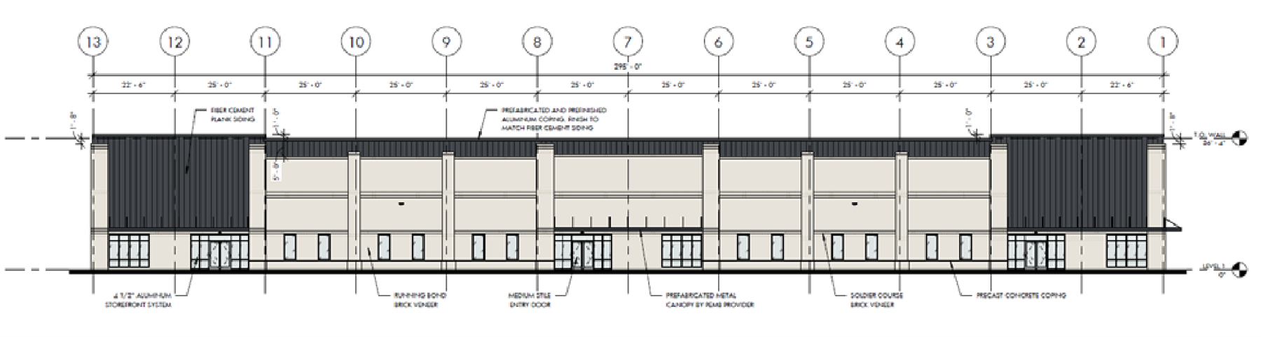 Architectural north elevation drawing across column lines 1 through 13, spanning 295 feet, calling out aluminum storefront system, running bond and soldier course brick veneer, fiber cement plank siding, prefabricated metal canopy, and precast concrete coping