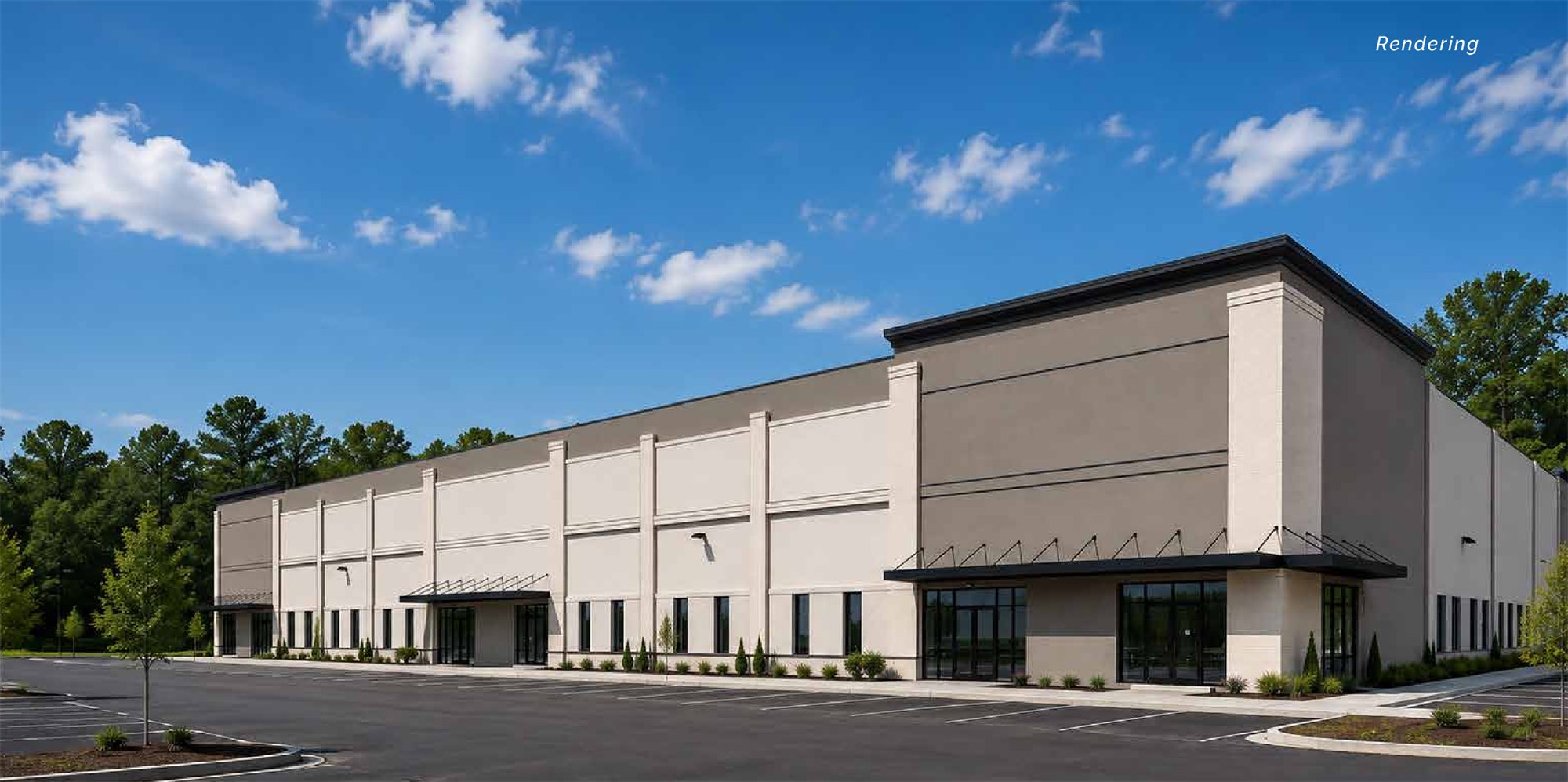 Rendering of The Woodlands Holly Springs, a proposed Class-A shallow-bay flex building at 140 Tradition Trail, Holly Springs, North Carolina, with a glazed storefront entry and striped parking field