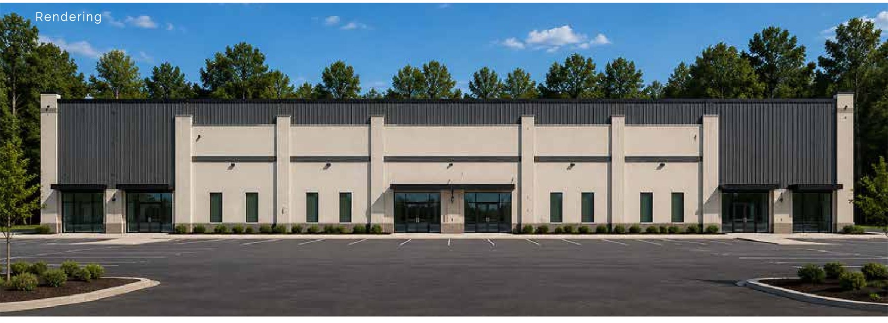 Rendering of the north elevation of The Woodlands Holly Springs, showing a light masonry facade with glazed storefront entries, dark metal accents, and a striped parking field in front