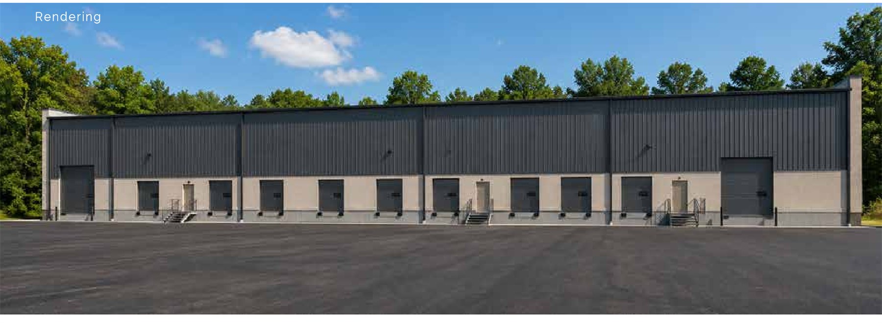 Rendering of the south elevation of The Woodlands Holly Springs, showing the rear-load dock face with a row of overhead dock doors, dock stairs, and a deep paved truck court