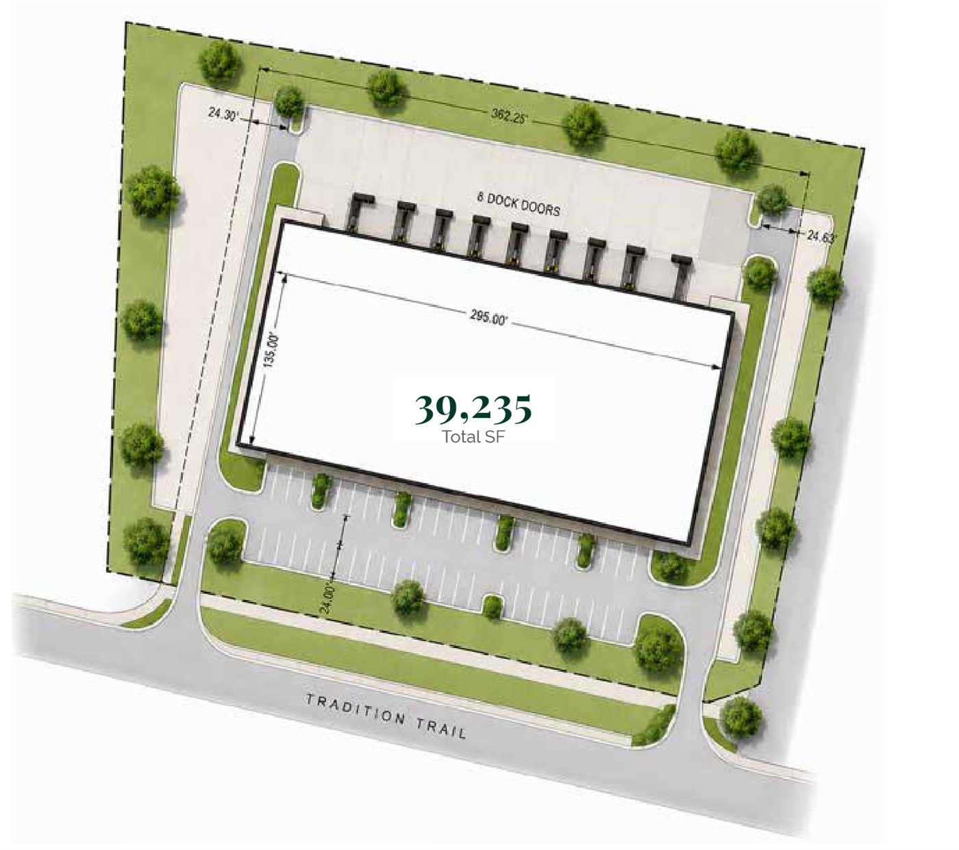 Proposed site plan for 140 Tradition Trail showing a 39,235 SF building set back from Tradition Trail, with dock doors along the rear, a landscaped 4.02-acre parcel boundary, and a parking field with 24-foot drive aisles